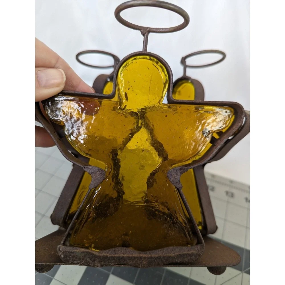 Glass‎ Metal Angel Candle Holder Primitive 7 Inch Tall
